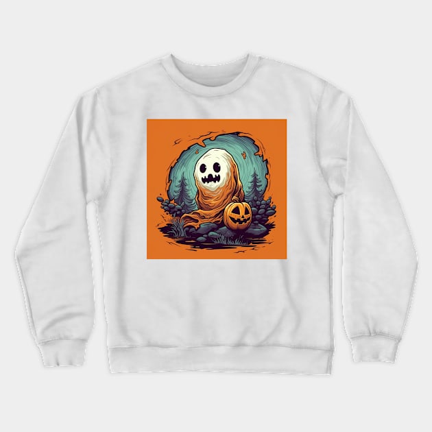 halloween design for kids, orange background, scary ghost with pumpkin Crewneck Sweatshirt by Maverick Media